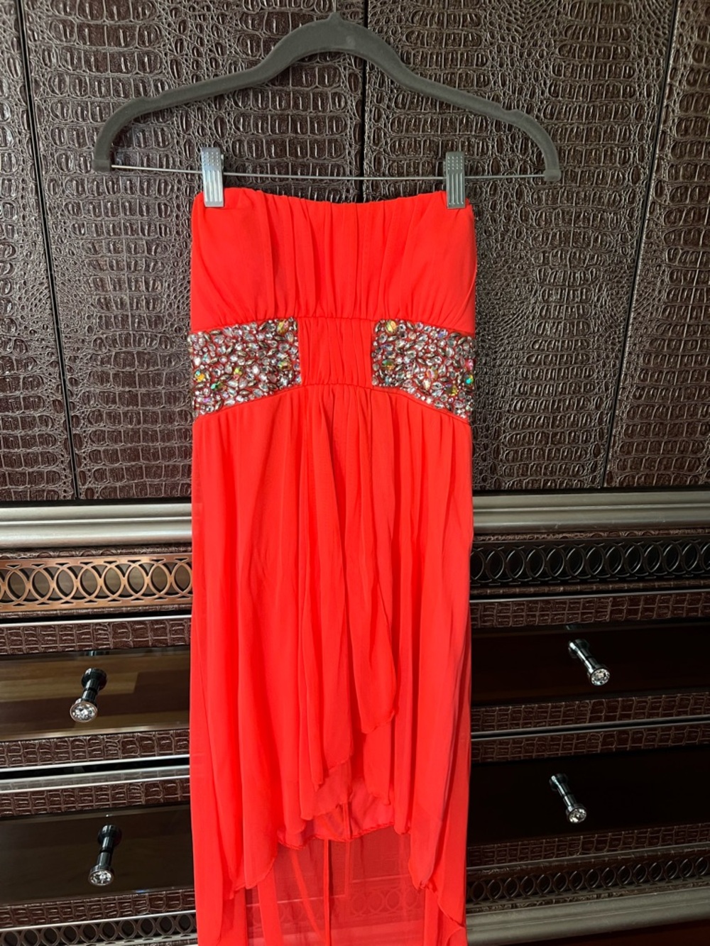 Windsor Coral High-Low Dress with Beaded Waist